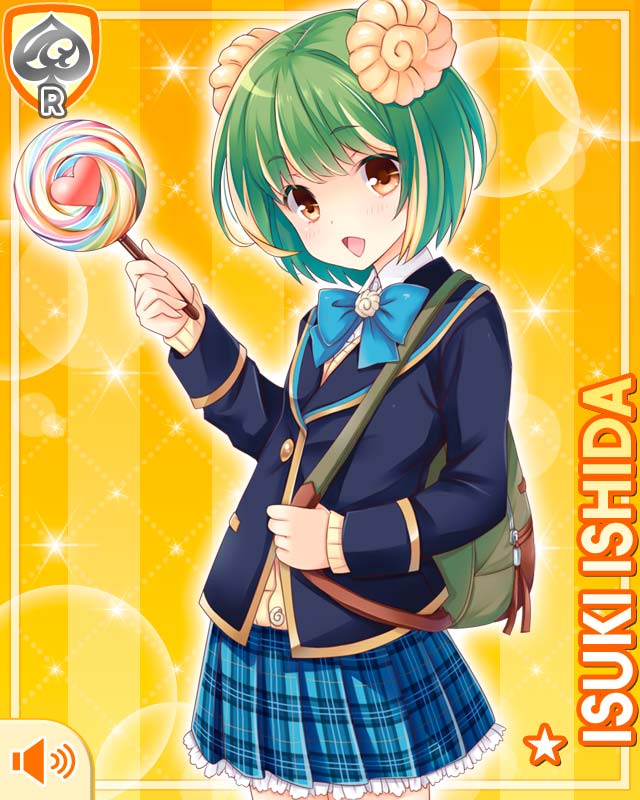 1girl, :d, ammonite_hair_ornament, bag, blue_bow, blue_bowtie, blue_skirt, bow