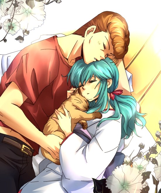 1girl, aqua_hair, belt, cat, closed_eyes, couple, eyes_closed, female
