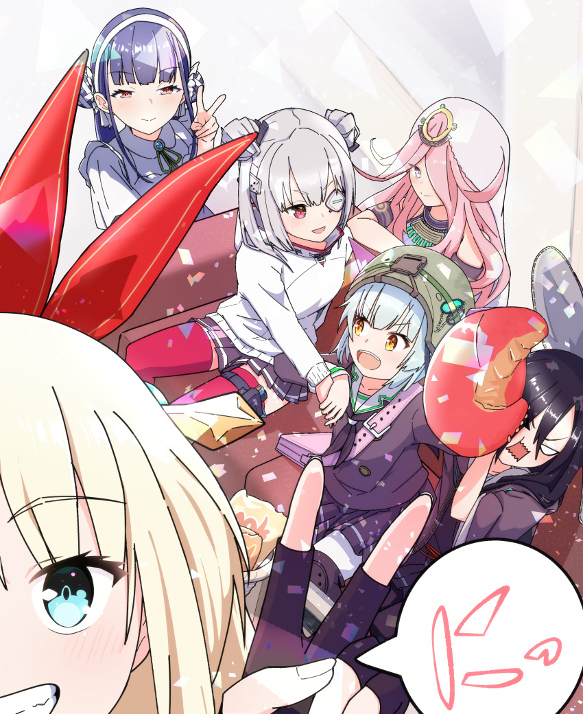 6+girls, absurdres, apron, bag, black_hair, blonde_hair, blue_eyes, blue_hair, blush, boxing_gloves, bungo_yayoi, catflish, closed_eyes, couch, double_bun, eyepatch, fingerless_gloves, food, gloves, grey_hair, grin, hair_bun, hairband, heaven_burns_red, highres, holding, kanzaki_adelheid, long_hair, looking_at_another, maid, monocle, multiple_girls, one_eye_covered, open_mouth, pink_hair, purple_hair, red_eyes, ribbon, sakuraba_seira, satsuki_mari, school_uniform, shirt, short_hair, sitting, skirt, smile, speech_bubble, sweater, teeth, tenne_miko, thigh-highs, v, white_hair, yamawaki_bon_ivar, yellow_eyes