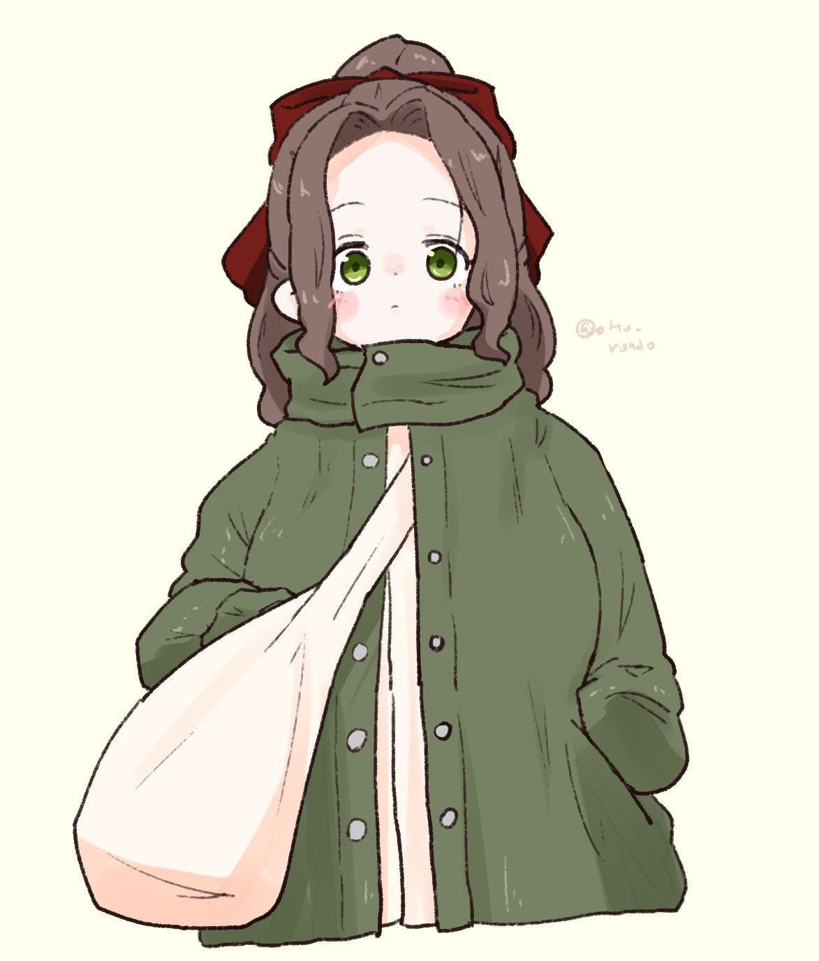 1girl, blush, bow, brown_hair, closed_mouth, coat, cropped_torso, forehead