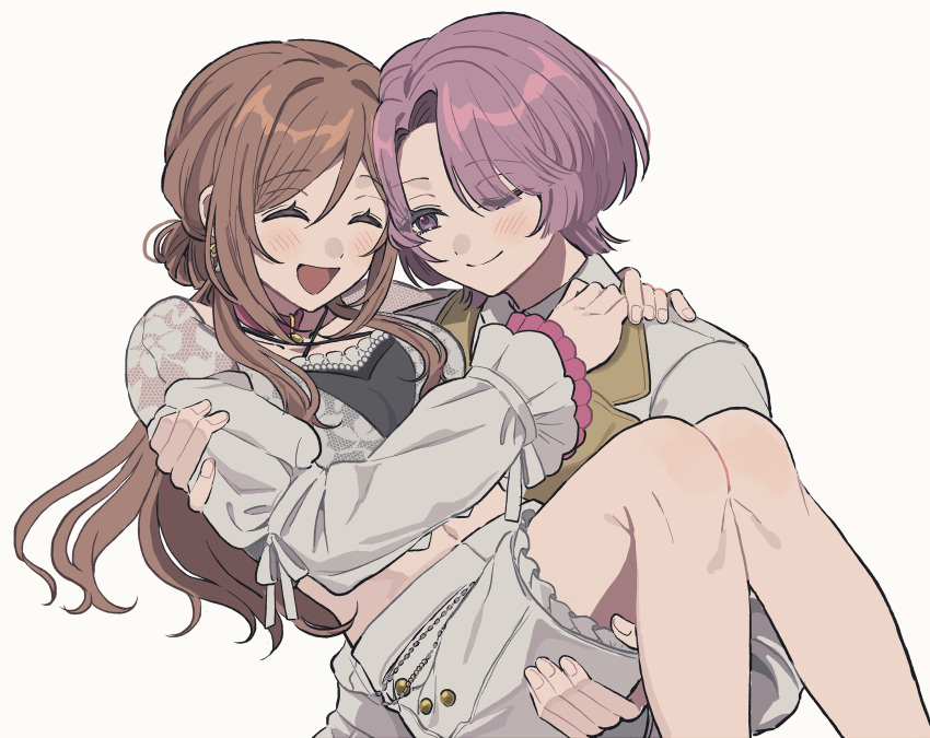 2girls, absurdres, arimura_mao, brown_hair, carrying, closed_eyes, closed_mouth, commentary_request