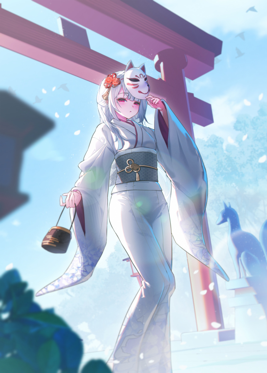 1girl, absurdres, bag, bird, cherry_blossoms, flower, fox_mask, hair_flower, hair_ornament, handbag, highres, japanese_clothes, kimono, kohaku_komeiji, looking_at_viewer, mask, mask_on_head, original, outdoors, parted_lips, red_eyes, solo, statue, torii, white_hair, white_kimono