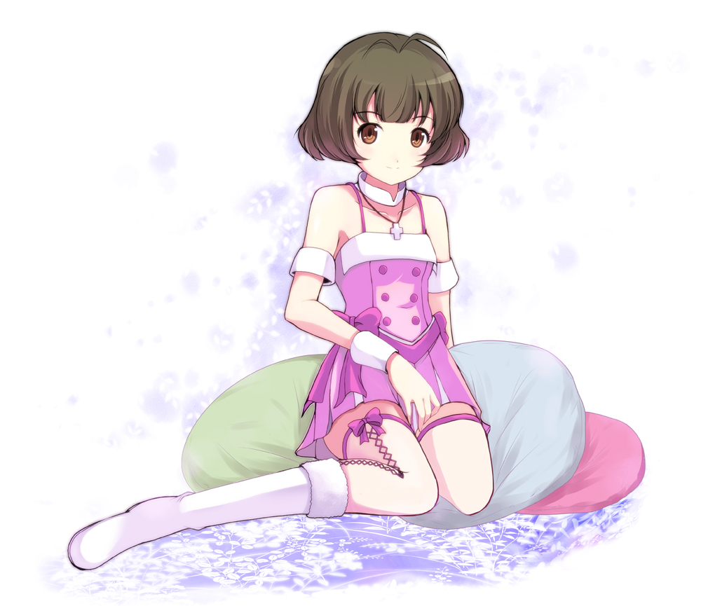 akizuki_ryou, antenna_hair, arm_cuffs, bare_shoulders, boots, brown_eyes, brown_hair, cross