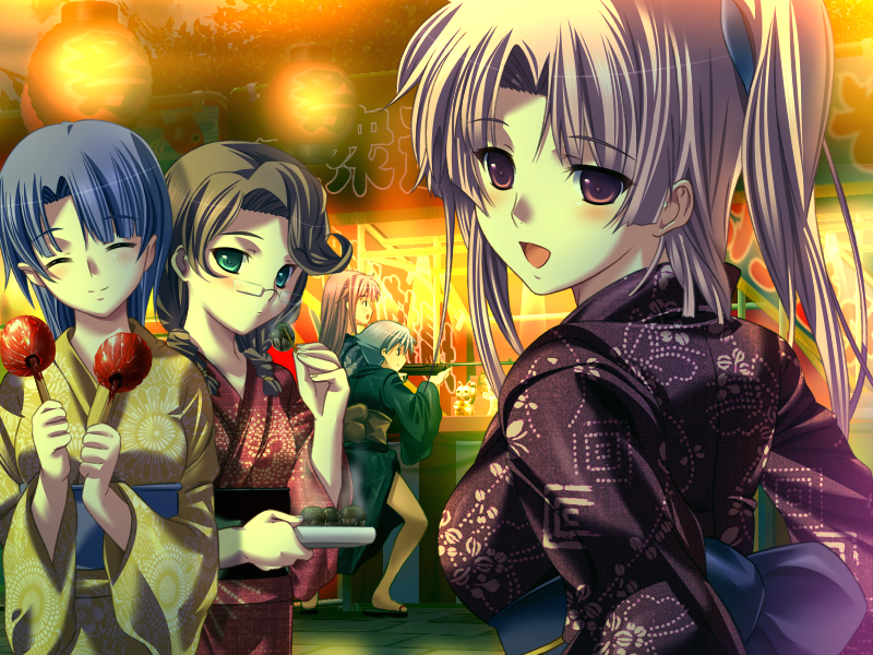 5girls, :d, blue_hair, breasts, brown_hair, closed_eyes, game_cg, glasses
