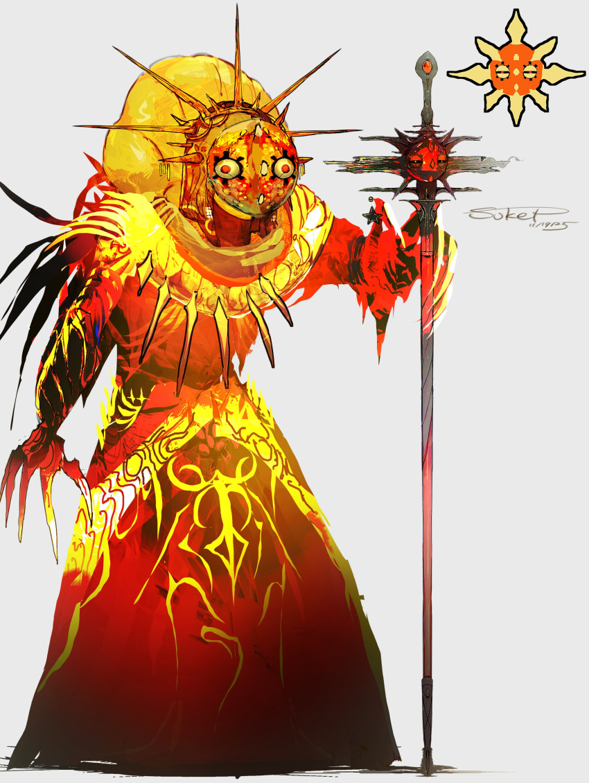 1other, absurdres, dress, full_body, highres, holding, holding_staff, humanization, pokemon, pokemon_(creature), signature, solo, solrock, staff, standing, sukepmonster, weaponification