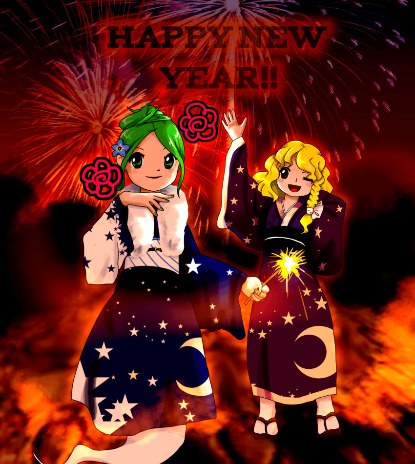 2girls, ;), blonde_hair, bow, braid, crescent, fireworks, fur_collar