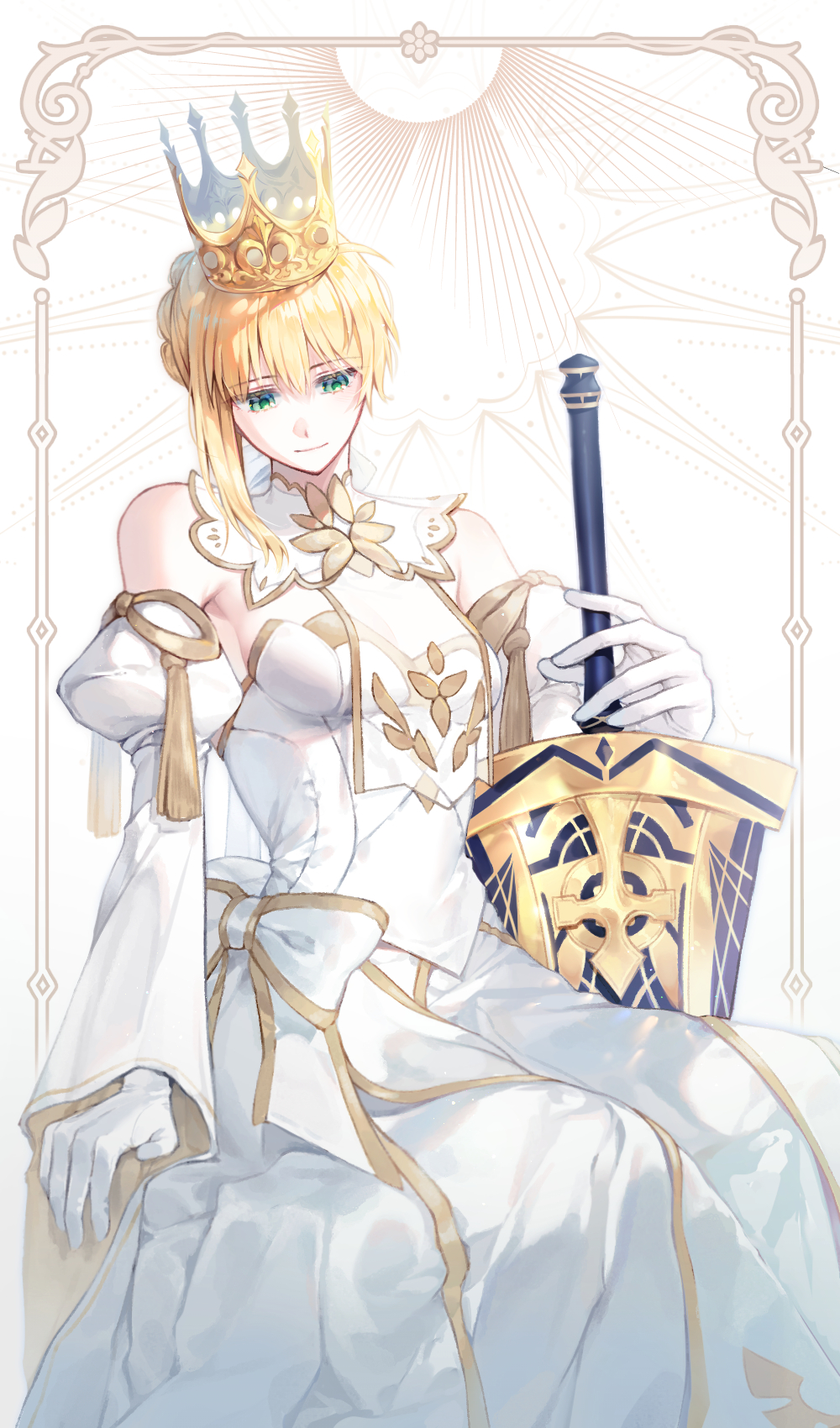 1girl, artoria_pendragon_(fate), avalon_(fate), baboteolsegongsa, bare_shoulders, blonde_hair, breasts, crown, detached_sleeves, dress, excalibur_(fate/stay_night), fate/grand_order, fate_(series), gloves, green_eyes, highres, lord_logres_(fate), lord_logres_(second_ascension)_(fate), short_hair, sitting, smile, solo, white_dress, white_gloves