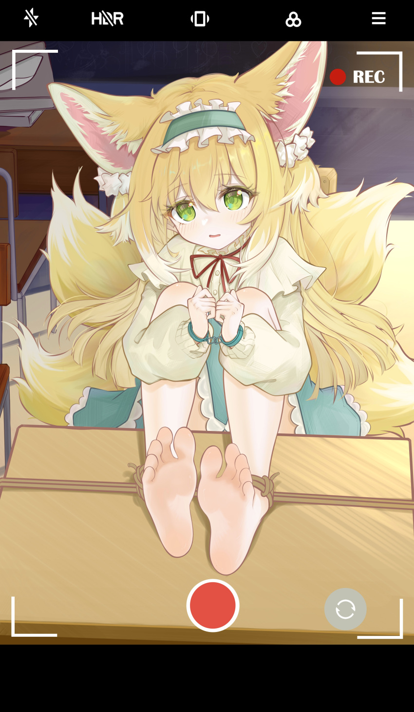 absurdres, animal_ears, aqua_hairband, aqua_skirt, arknights, banbanban_li, barefoot, blonde_hair