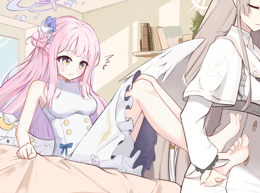 2girls, ^^^, banbanban_li, barefoot, bed_sheet, blue_archive, blue_bow, blunt_bangs