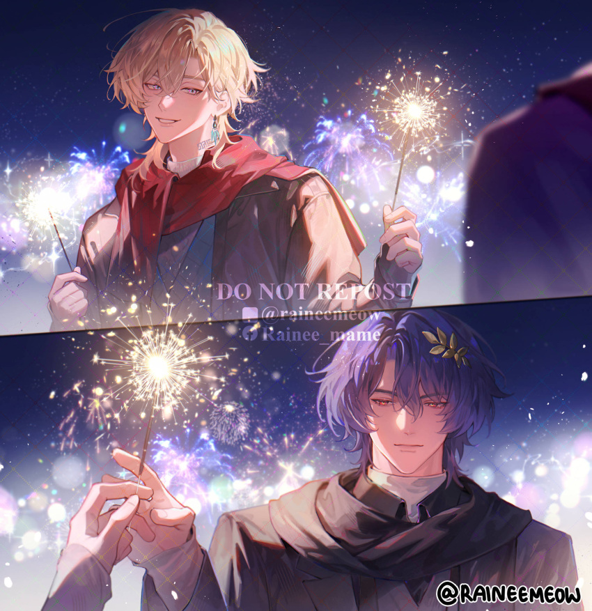 2boys, aventurine_(honkai:_star_rail), black_scarf, blonde_hair, dr._ratio_(honkai:_star_rail), fireworks, highres, holding