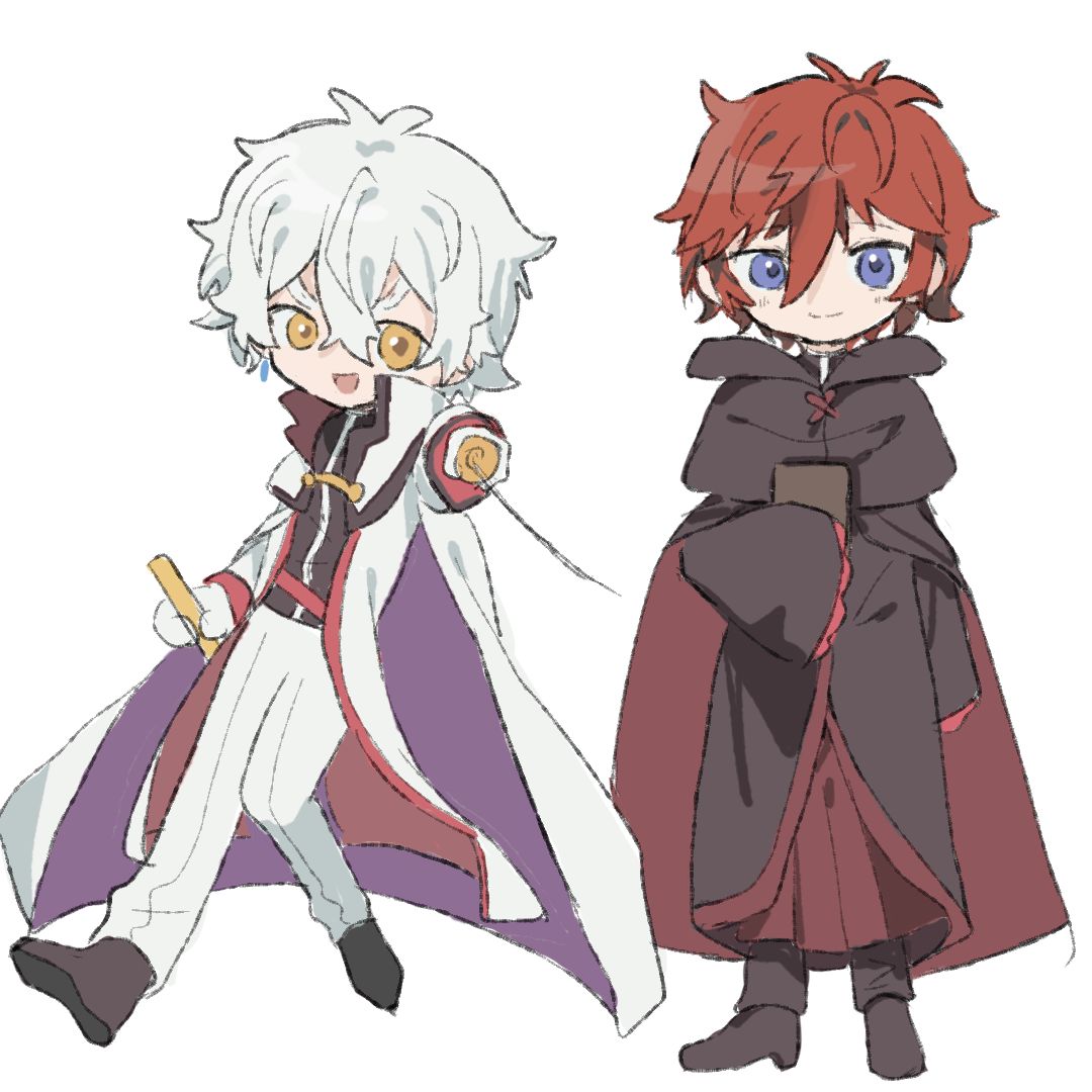 2boys, black_cloak, blue_eyes, cape, character_request, cloak, deformed, evefes0805