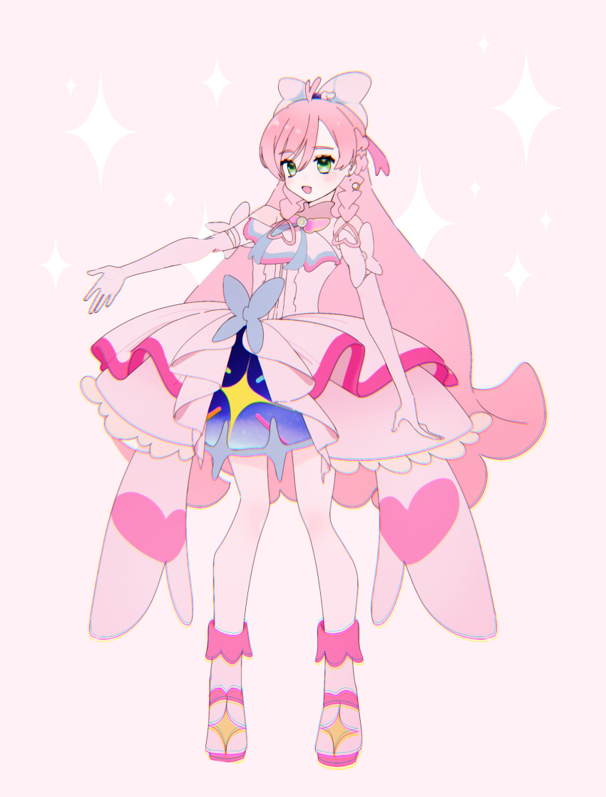 1girl, 6npnmcuvsauiemp, absurdres, ascot, blue_bow, boots, bow, braid, brooch, center_frills, commentary, crown_braid, cure_prism, dress, dress_bow, earrings, elbow_gloves, frills, full_body, glove_bow, gloves, green_eyes, hair_bow, highres, hirogaru_sky!_precure, jewelry, knee_boots, layered_dress, long_hair, looking_at_viewer, magical_girl, medium_dress, nijigaoka_mashiro, open_mouth, pink_background, pink_hair, precure, side_braids, simple_background, sleeveless, sleeveless_dress, smile, solo, sparkle, standing, very_long_hair, white_ascot, white_boots, white_bow, white_dress, white_gloves, wing_brooch