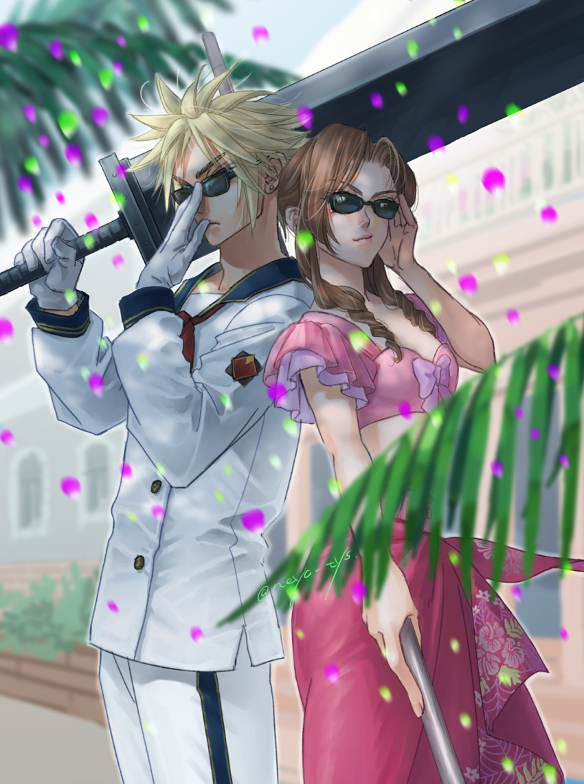 1boy, 1girl, adjusting_eyewear, aerith_gainsborough, aerith_gainsborough_(floral_delight), back-to-back, barret_wallace, barret_wallace_(cosplay)