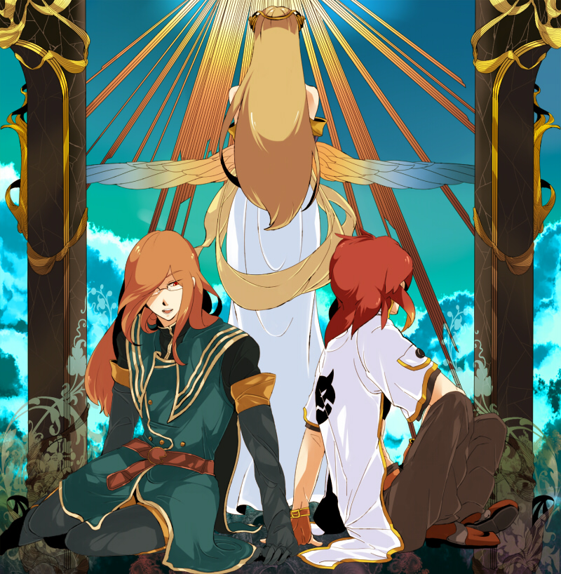 brown_hair, fingerless_gloves, gloves, jade_curtiss, kanenari, long_hair, luke_fon_fabre, red_hair, redhead, tales_of_(series), tales_of_the_abyss, wings, yulia_jue