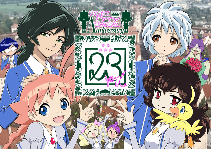 4boys, 5girls, ^_^, absurdres, ahiru_(duck)_(princess_tutu), ahiru_(princess_tutu), animal, animal_on_shoulder