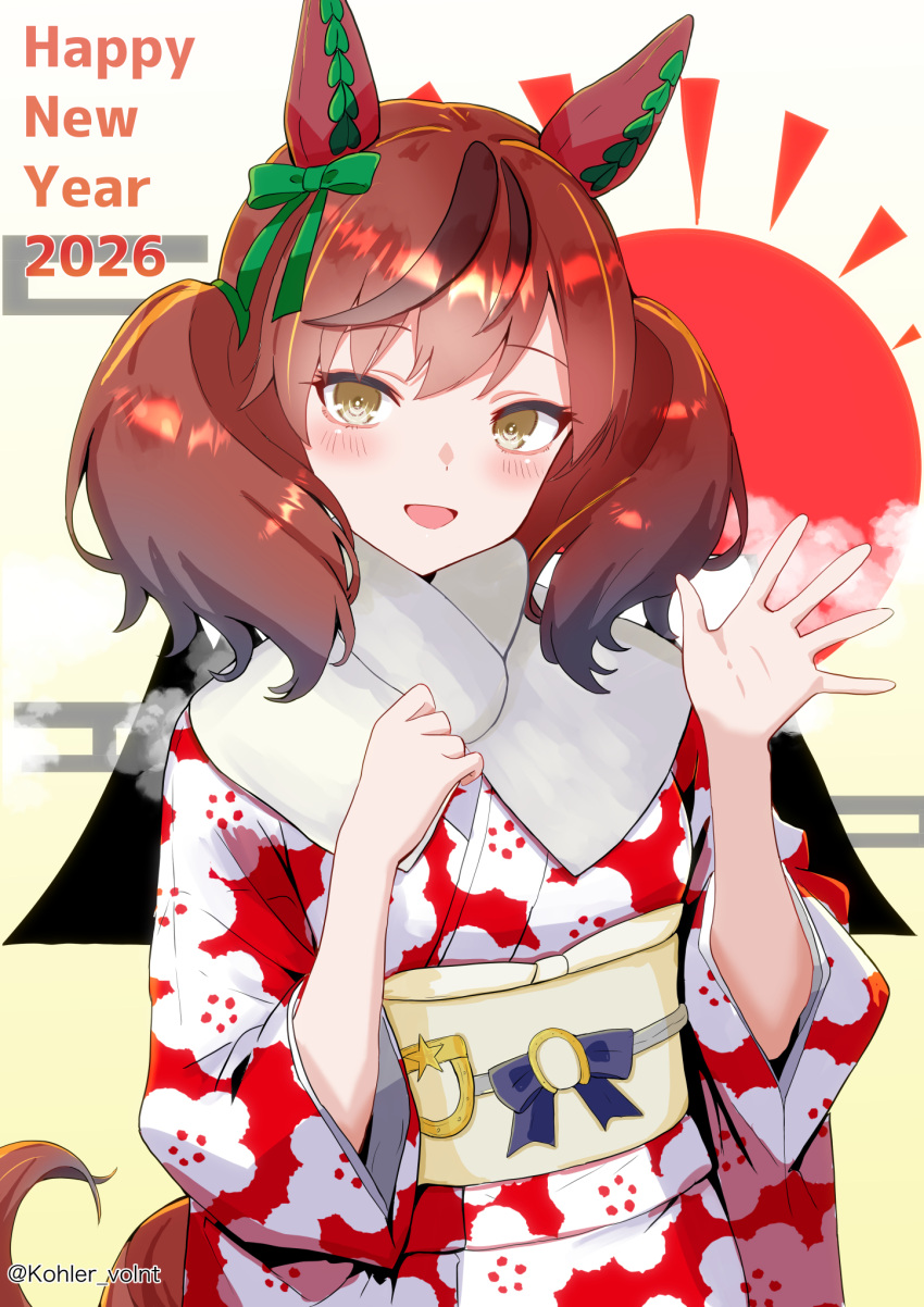 1girl, akeome, animal_ears, blue_bow, blush, bow, breasts, brown_eyes