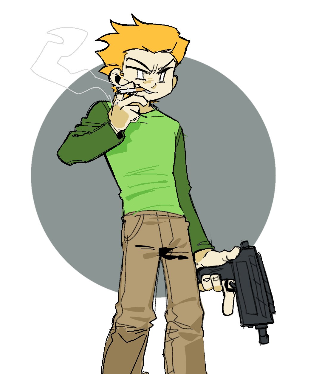 1boy, brown_pants, enopth1102, green_shirt, grin, gun, highres, holding