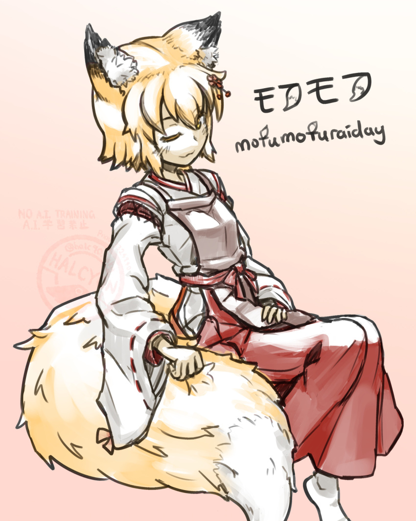 1girl, :3, animal_ear_fluff, animal_ears, belt, blonde_hair, closed_mouth, commentary, crossed_bangs, detached_sleeves, english_commentary, english_text, fox_ears, fox_girl, fox_tail, gradient_background, hair_between_eyes, halcyon_(halcyon90), hand_on_own_leg, hand_on_own_tail, highres, long_skirt, long_sleeves, looking_at_viewer, mixed-language_text, one_eye_closed, pink_background, red_arm_warmers, red_belt, red_skirt, senko_(sewayaki_kitsune_no_senko-san), sewayaki_kitsune_no_senko-san, shirt, short_hair, skirt, smile, socks, solo, tail, translation_request, white_background, white_shirt, white_socks, wide_sleeves, yellow_eyes