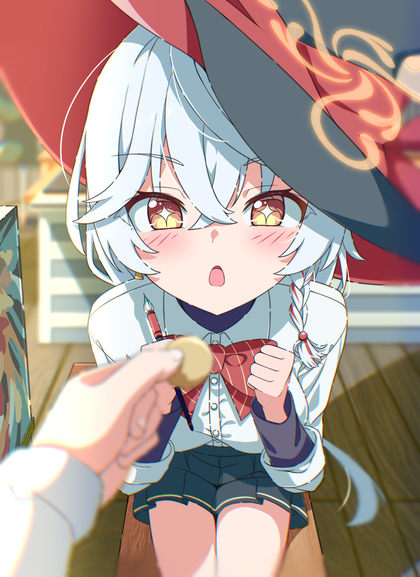 1girl, 1other, absurdres, black_skirt, blue_archive, bow, breasts, collared_shirt