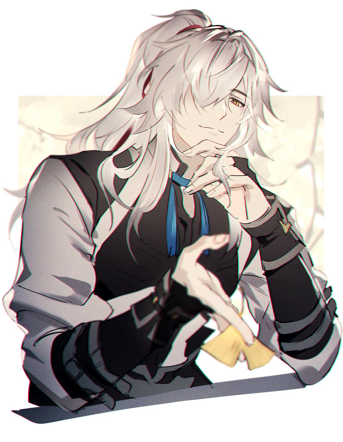 1boy, arm_up, black_vest, commentary_request, elbow_rest, ginkgo_leaf, grey_shirt, highres