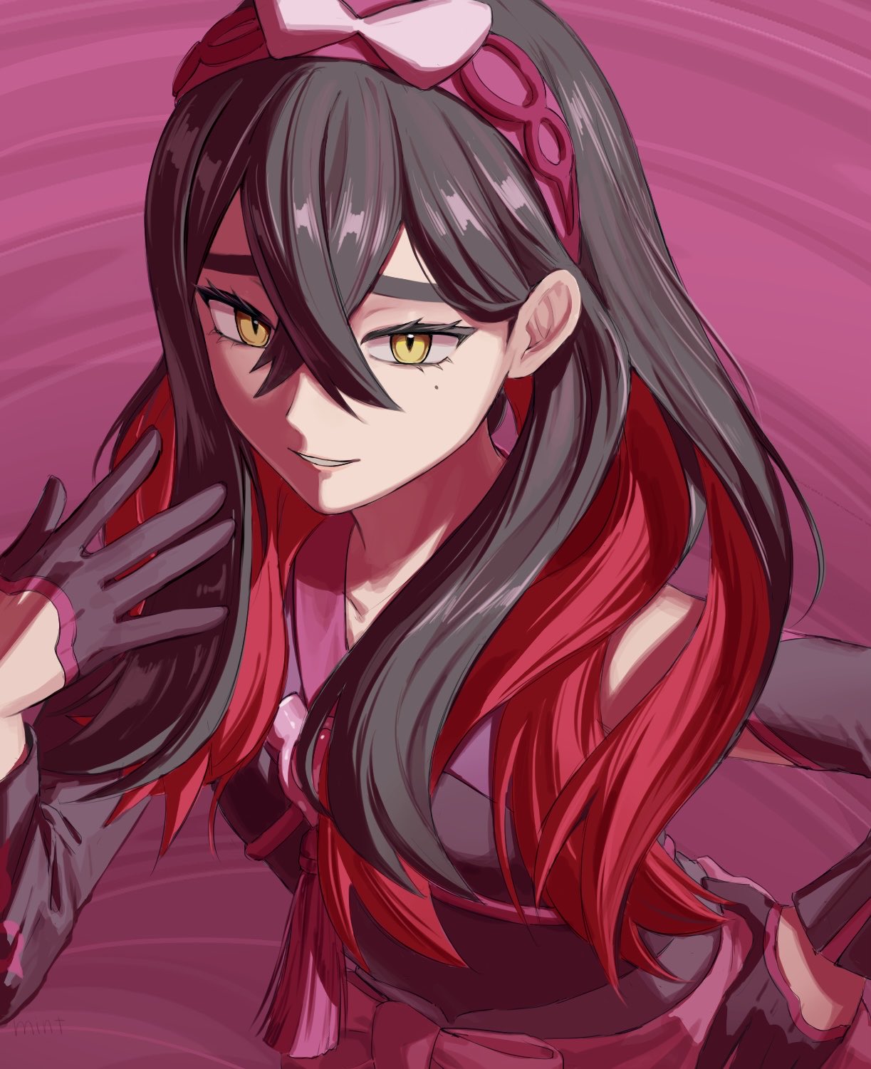 1girl, black_gloves, bow_hairband, carmine_(pokemon), carmine_(sygna_suit)_(pokemon), colored_inner_hair, crossed_bangs, detached_sleeves