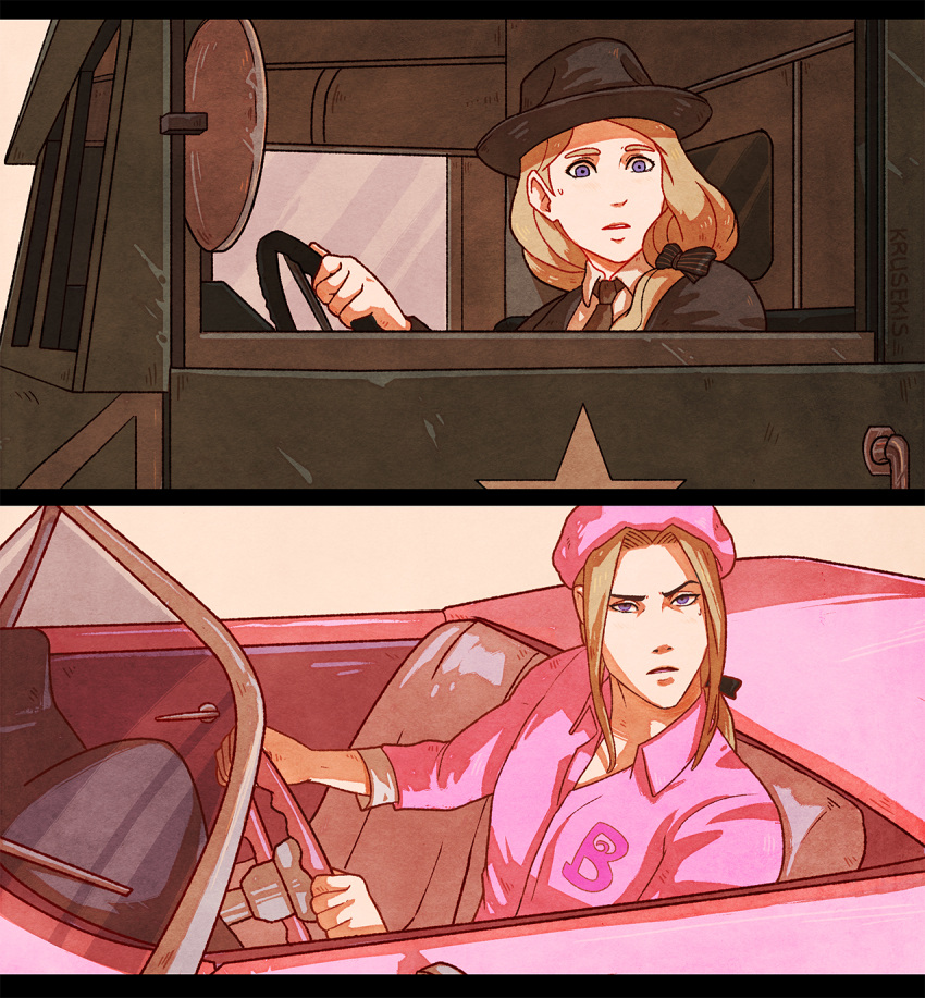 1boy, 1girl, alternate_universe, black_bow, black_hat, black_jacket, black_suit, blonde_hair