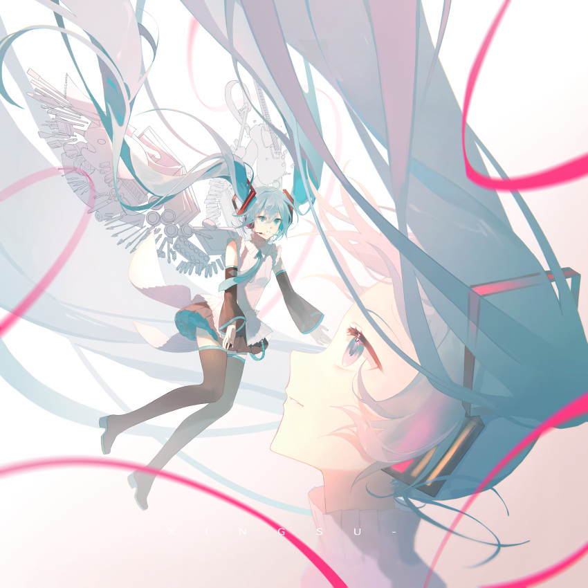 2girls, absurdres, aqua_eyes, aqua_hair, aqua_necktie, aqua_trim, black_boots, black_skirt, boots, collared_shirt, commentary_request, detached_sleeves, hair_between_eyes, hair_ornament, hatsune_miku, hatsune_miku_happy_16th_birthday_-dear_creators-, highres, kuixingsuren, long_sleeves, looking_up, miniskirt, multiple_girls, necktie, pleated_skirt, shirt, skirt, thigh_boots, twintails, vocaloid, white_shirt, white_wings, wide_sleeves, wings, zettai_ryouiki