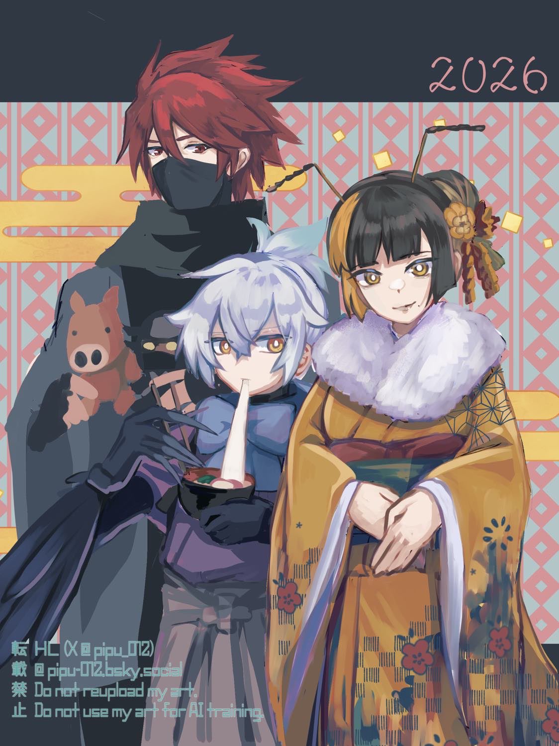 1girl, 2boys, alternate_costume, antennae, arthropod_girl, bird_boy, black_hair, blonde_hair