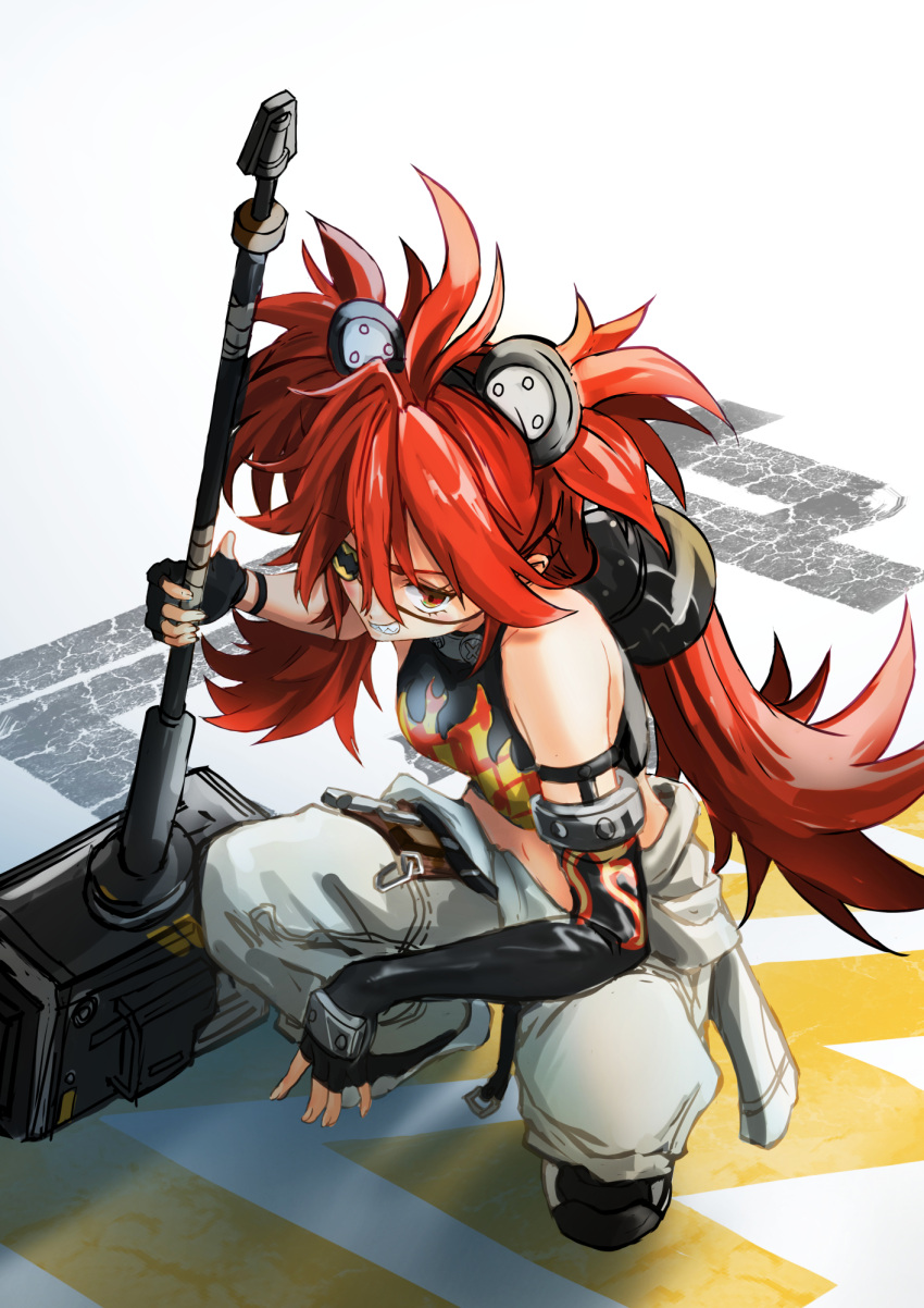 1girl, ahoge, animal_ears, bare_shoulders, bear_ears, black_gloves, breasts, crop_top