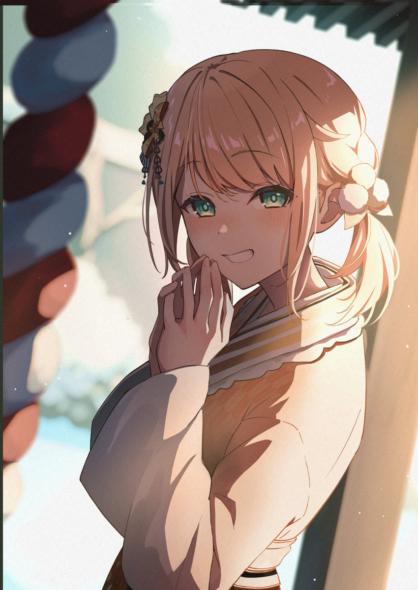 1girl, absurdres, aqua_eyes, blonde_hair, blush, commentary, day, from_side
