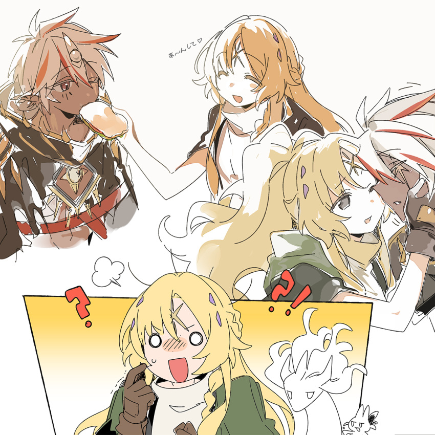 !?, 1boy, 2girls, 3_ma_me, albaz_(yu-gi-oh!), albion_the_shrouded_dragon, blonde_hair, blush