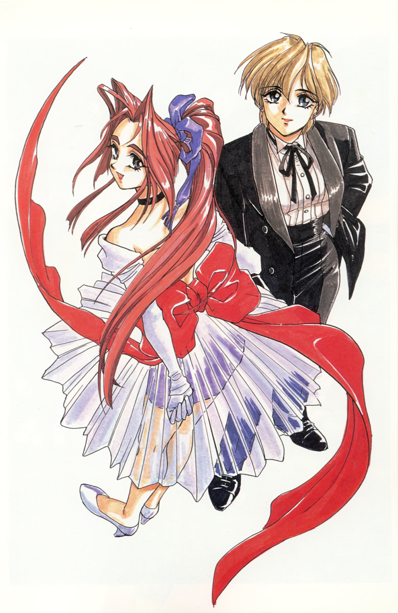 1990s_(style), 2girls, back_bow, black_choker, black_shoes, blue_eyes, bow, brown_hair, choker, dress, formal_clothes, high_heels, high_ponytail, long_hair, looking_at_viewer, multiple_girls, nishikawa_maki, non-web_source, official_art, open_mouth, ponytail, red_hair, retro_artstyle, shoes, short_hair, simple_background, sotsugyou_crossworld, standing, tuxedo, white_background, white_shoes, yokoyama_megumi