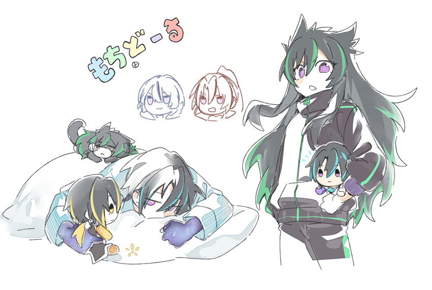2boys, 3_ma_me, animalization, black_hair, blonde_hair, blue_hair, blue_pajamas, cat