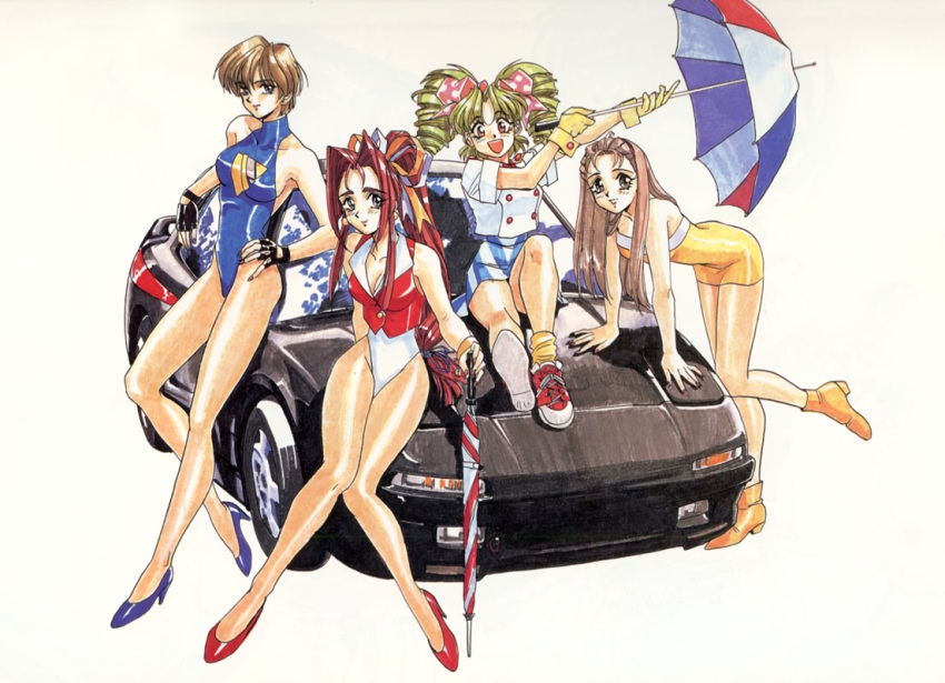 1990s_(style), 4girls, bent_over, black_gloves, blue_leotard, blue_shoes, brown_hair, car, drill_hair, fingerless_gloves, gloves, green_hair, hair_ribbon, high_heels, high_ponytail, holding, holding_umbrella, leaning_on_object, leotard, long_hair, looking_at_viewer, motor_vehicle, multicolored_umbrella, multiple_girls, nishikawa_maki, official_alternate_costume, on_car, open_mouth, ponytail, racequeen, red_hair, red_shoes, retro_artstyle, ribbon, shimura_mami, shoes, short_hair, simple_background, sitting, smile, sneakers, sotsugyou_crossworld, twin_drills, umbrella, white_background, yasuda_maina, yellow_gloves, yellow_shoes, yokoyama_megumi