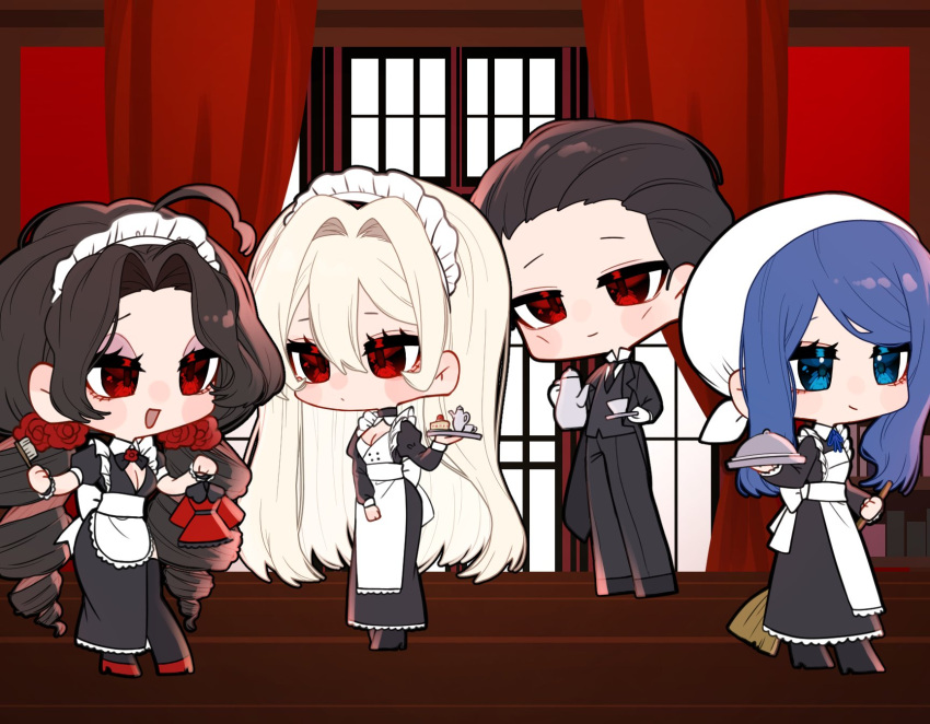 1boy, 3girls, 4others, apron, bari_(project_moon), black_dress, black_hair, blue_eyes