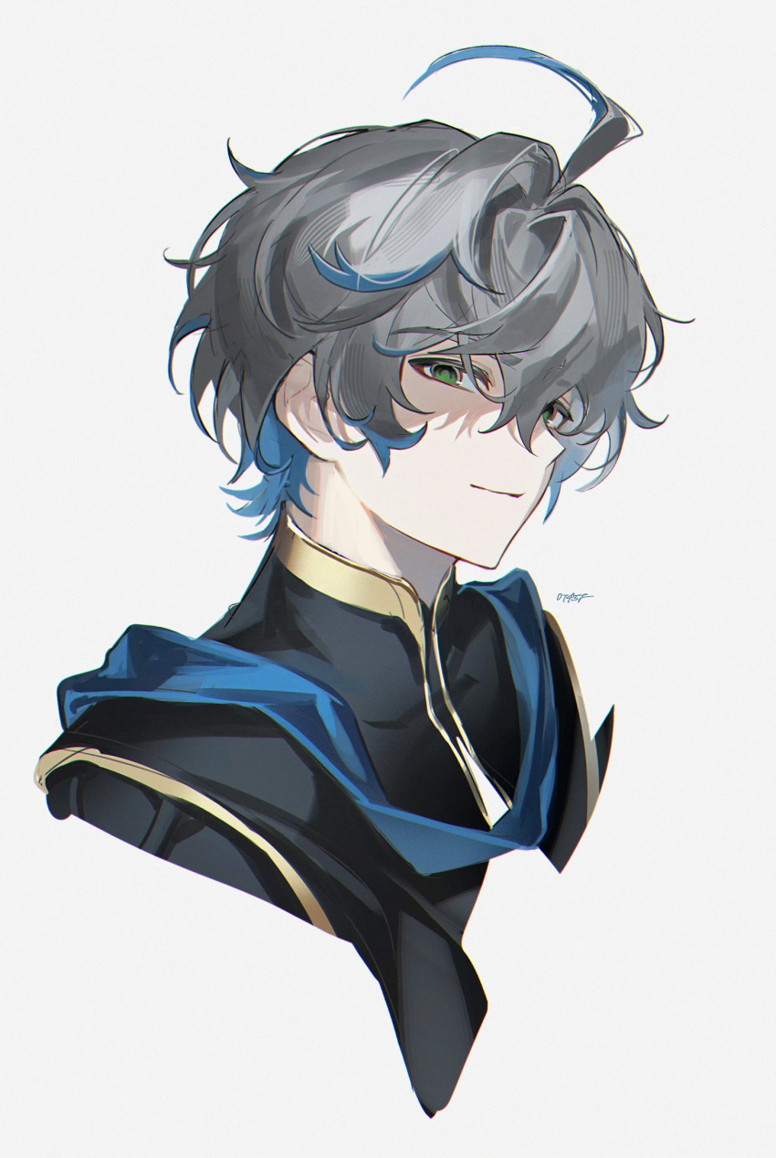 0745f, 1boy, ahoge, ainchase_ishmael, black_shirt, blue_hair, blue_scarf, chromatic_aberration