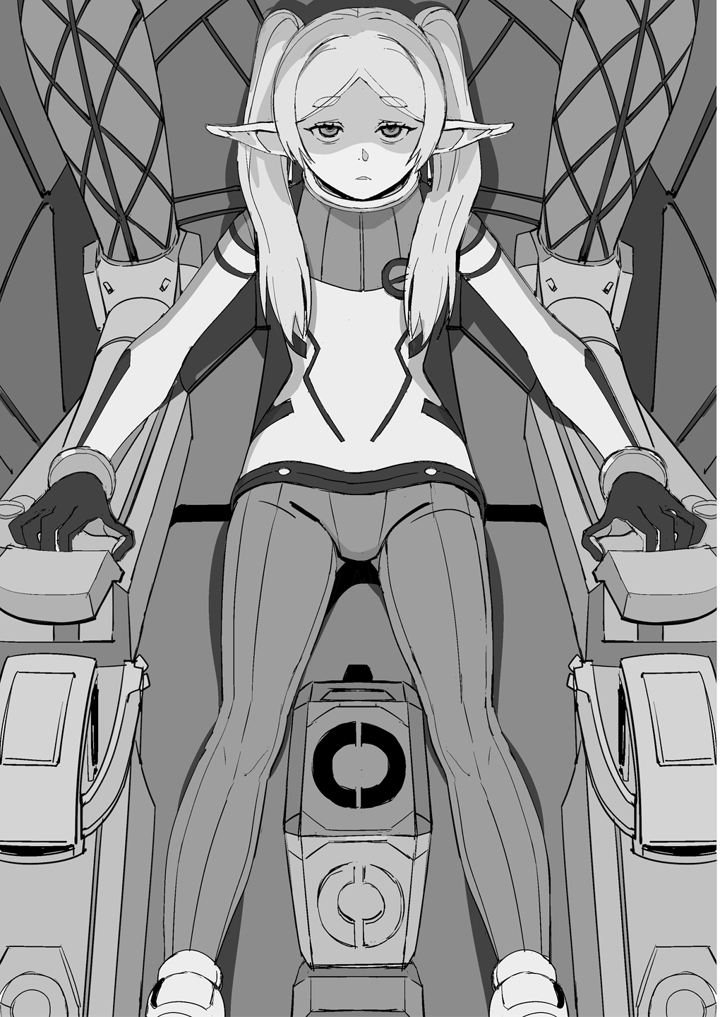 1girl, a1_(initial-g), commentary_request, earrings, expressionless, frieren, gloves, greyscale