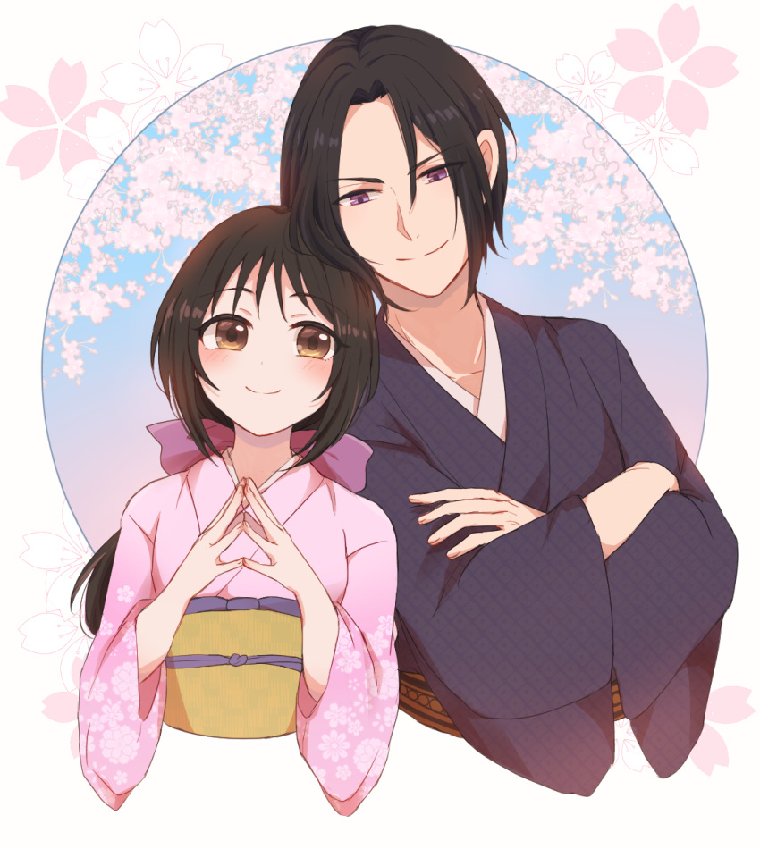 1boy, 1girl, black_hair, bow, cherry_blossoms, crossed_arms, hair_bow, hakuouki_shinsengumi_kitan, hetero, highres, hijikata_toshizou_(hakuouki), japanese_clothes, kimono, nishio_(love51240), obi, pink_kimono, ponytail, sash, smile, violet_eyes, yukimura_chizuru