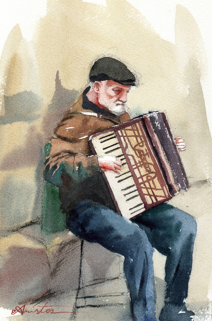 1boy, accordion, aris_0827, black_hat, blue_pants, brown_jacket, closed_eyes, closed_mouth