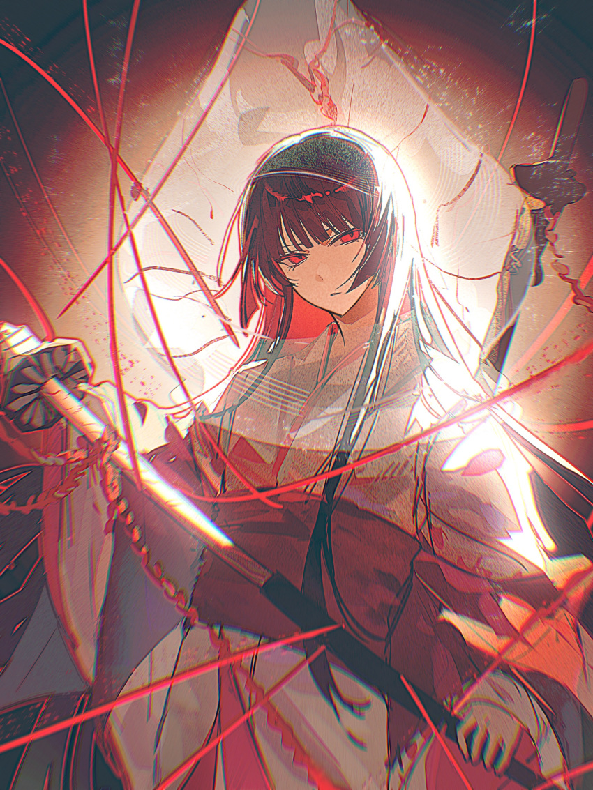 1girl, absurdres, black_hair, blunt_bangs, blurry, bridal_veil, chromatic_aberration, closed_mouth