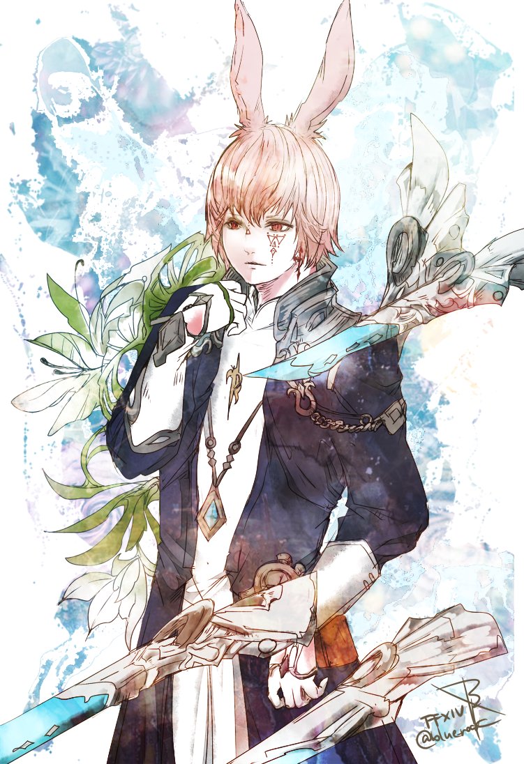 1boy, animal_ears, blue_coat, chain, cheek_tattoo, coat, commentary, copyright_name