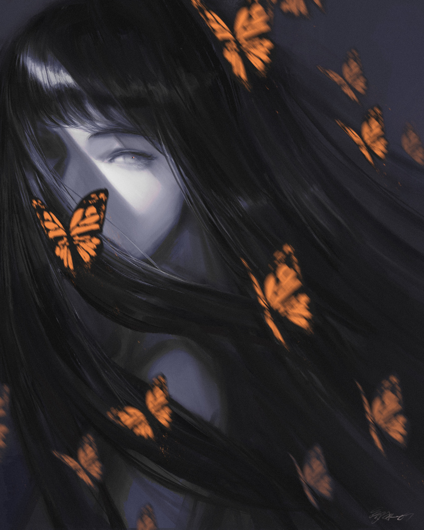 1girl, absurdres, black_hair, blurry, bug, butterfly, commentary_request, depth_of_field