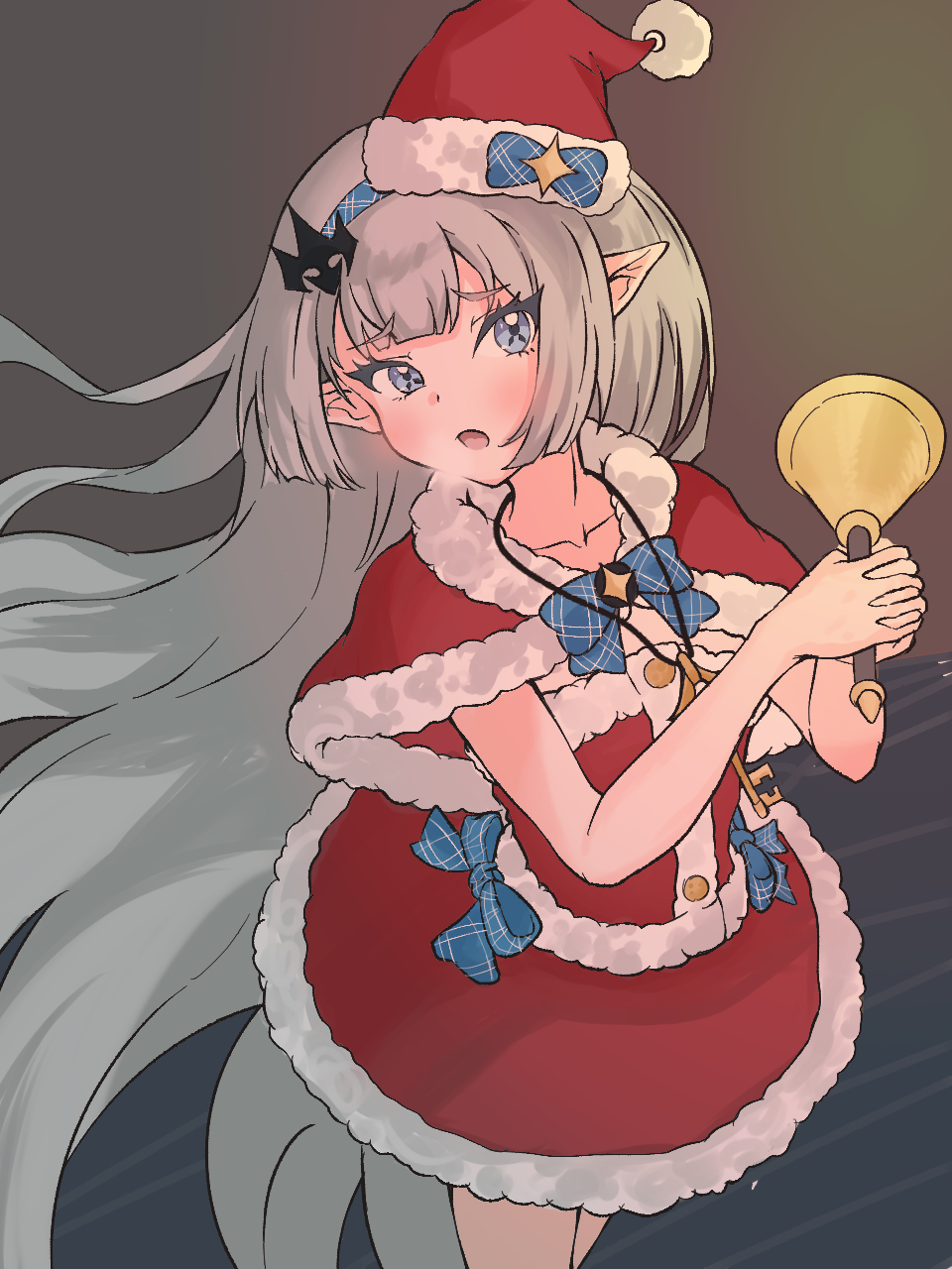 1girl, bell, blue_bow, blue_bowtie, blue_eyes, bow, bowtie, capelet, female_tyrant_(stella_sora), fur-trimmed_capelet, fur-trimmed_headwear, fur-trimmed_skirt, fur_trim, grey_hair, hair_ornament, hairband, hat, highres, holding, holding_bell, jewelry, key, key_necklace, long_hair, meitel_f, necklace, open_mouth, pointy_ears, pom_pom_(clothes), santa_costume, santa_hat, skirt, solo, stella_sora, tyrant_(stella_sora), very_long_hair