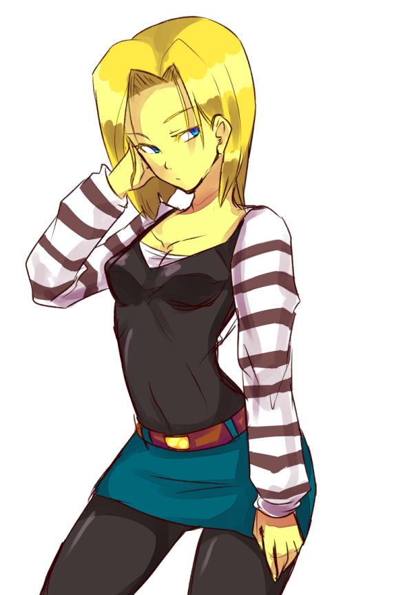 1girl, adjusting_hair, android_18, bad_id, belt, blonde_hair, blue_eyes, dragon_ball, dragon_ball_z, dragonball, dragonball_z, female, miniskirt, mitsui_hisashi_(artist), mituihisasi, pantyhose, short_hair, skirt, solo