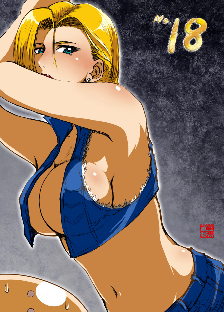 1girl, android_18, artist_request, blonde_hair, blue_eyes, breasts, cleavage, dragon_ball, highres, kuririn, midriff, sideboob, yanyou_sanren