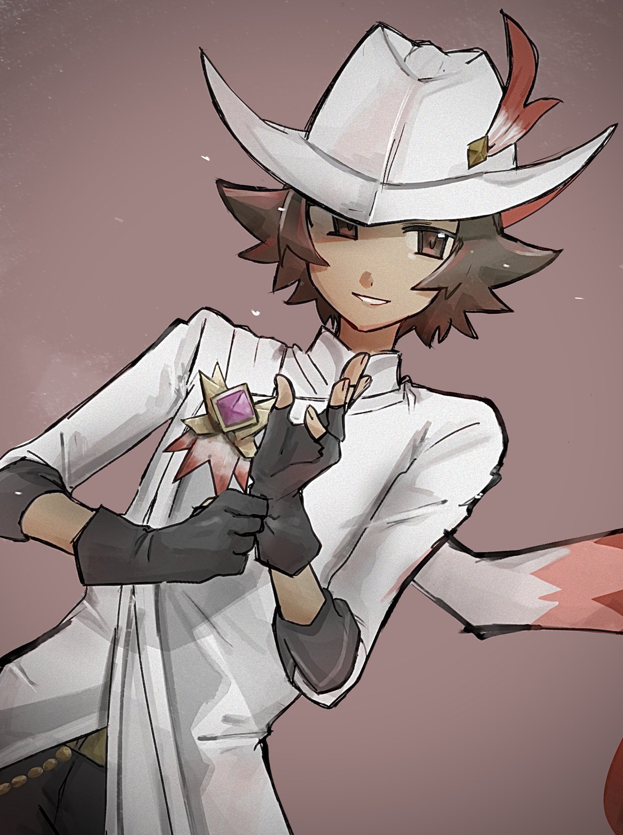 1boy, black_bodysuit, bodysuit, bodysuit_under_clothes, brown_eyes, brown_hair, colored_sclera, fingerless_gloves