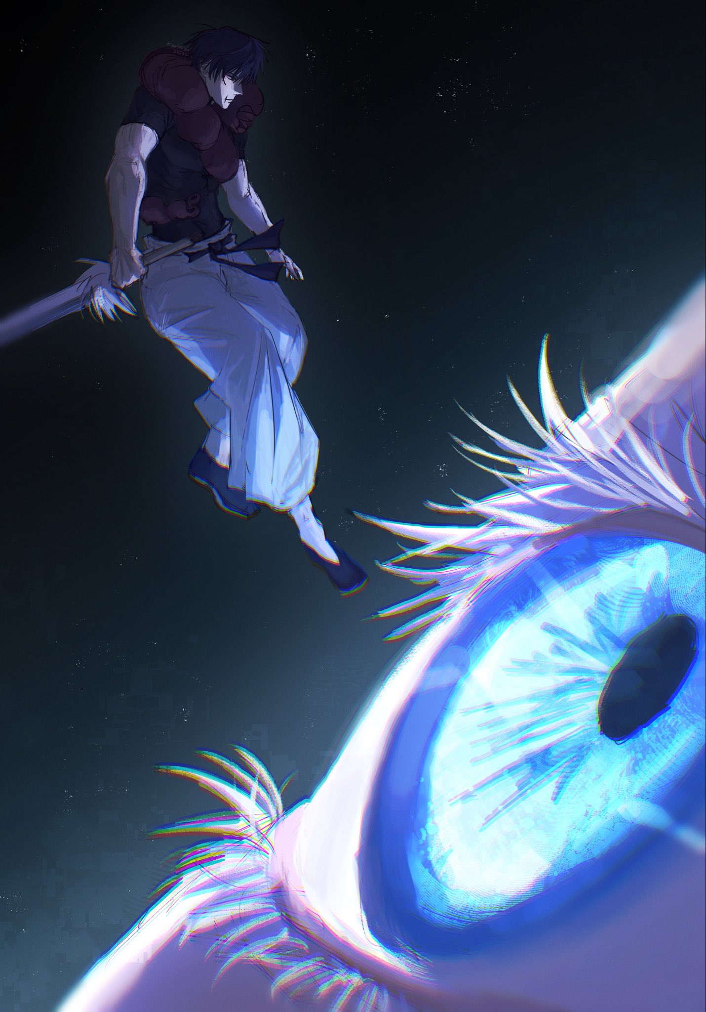 2boys, colored_eyelashes, eyeball, fushiguro_touji, giant, gojou_satoru, highres, inventory_curse_(jujutsu_kaisen)