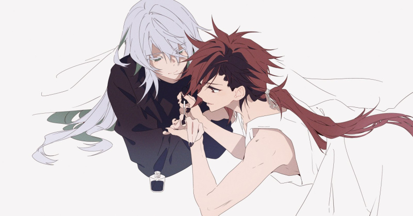 2boys, ainchase_ishmael, alternate_costume, applying_another's_manicure, applying_manicure, black_hair, black_nails, black_shirt