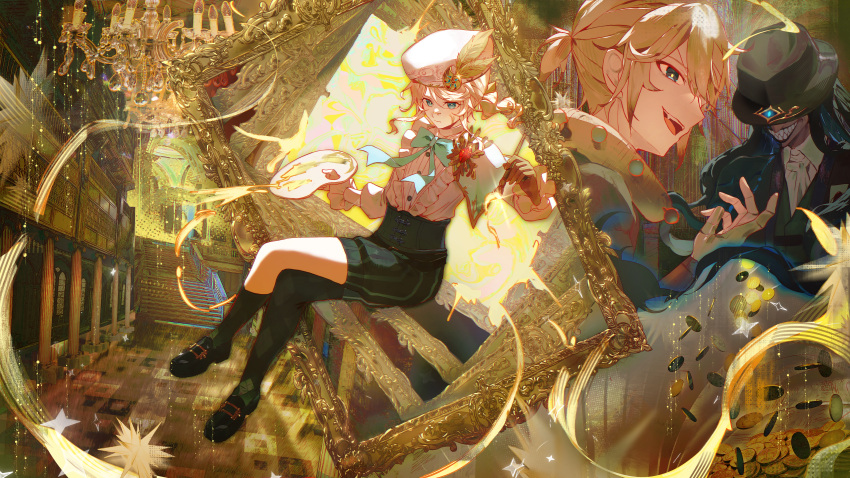 3boys, absurdres, antonio_(identity_v), antonio_(ouroboros)_(identity_v), art_room, beret, black_corset, blonde_hair, blue_bow, blue_eyes, bow, canvas_(object), commentary_request, corset, edgar_valden, edgar_valden_(golden_ratio), gold, hat, highres, holding, holding_paint_palette, holding_paintbrush, identity_v, loafers, luca_balsa, luca_balsa_(electrolysis), male_focus, multiple_boys, paint, paint_palette, paintbrush, painting_(action), pba_471, puffy_shorts, shoes, shorts, smile, thigh-highs