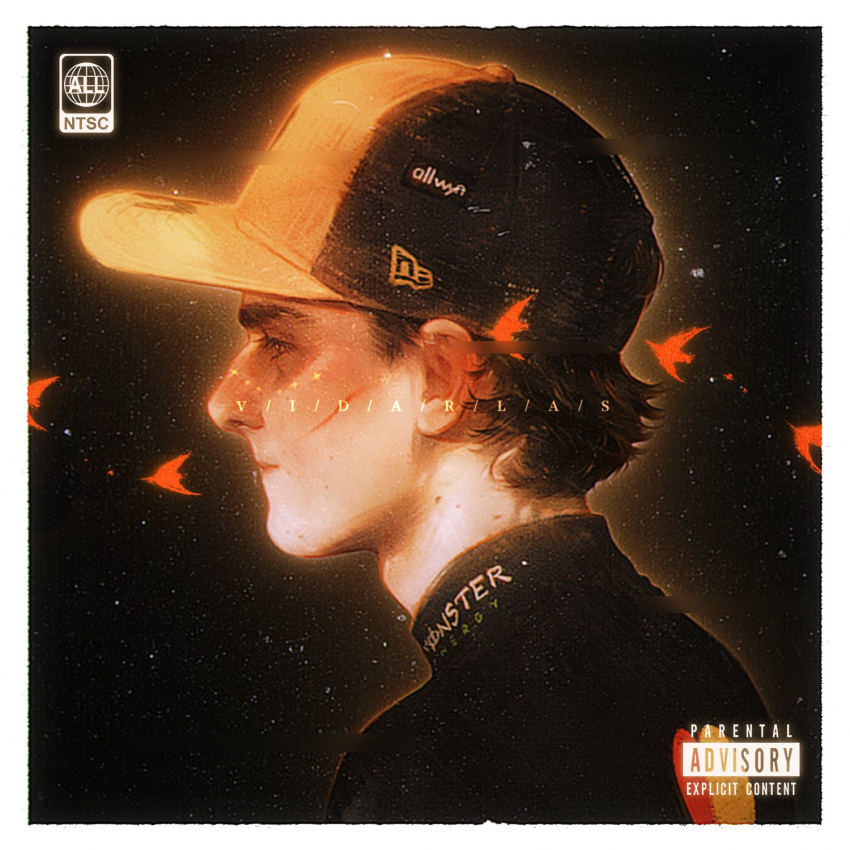 1boy, artist_name, baseball_cap, bird, black_hair, black_shirt, border, closed_mouth, formula_one, from_side, hashtag-only_commentary, hat, highres, male_focus, oscar_piastri, parental_advisory, profile, real_life, shirt, short_hair, solo, thick_eyebrows, vidarlas, white_border